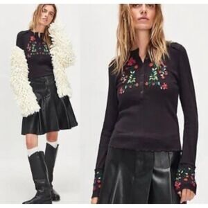 NWT Free People | Floral Embroidered Fleur Henley Long Sleeve Shirt Size M